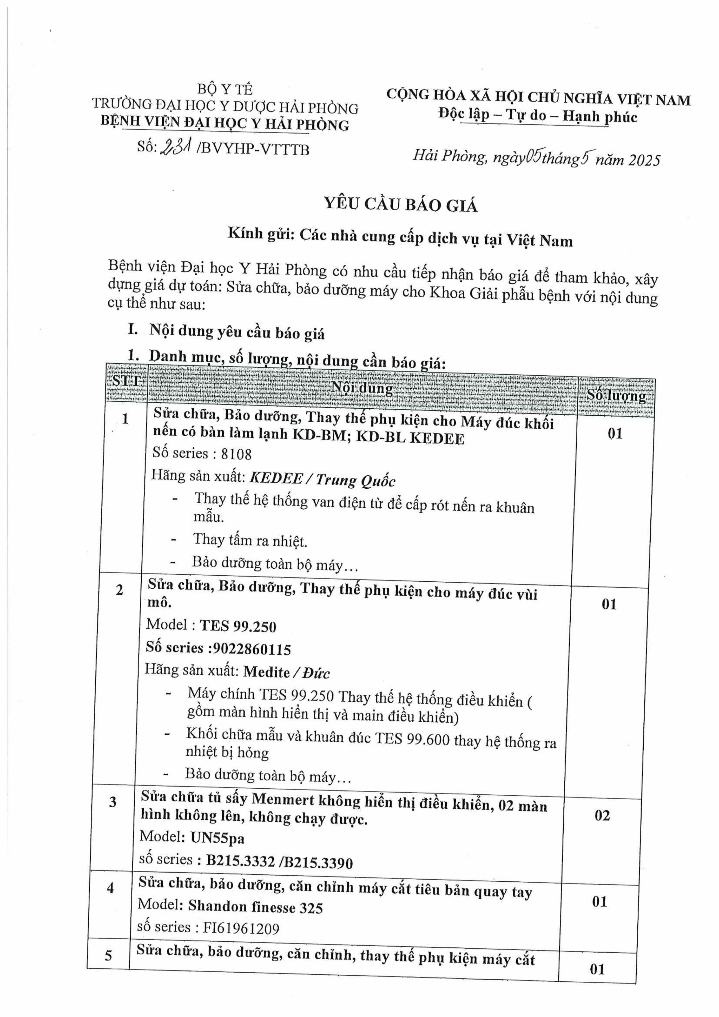 Yêu cầu báo giá sửa chữa máy móc cho khoa Giải Phẫu Bệnh 2025