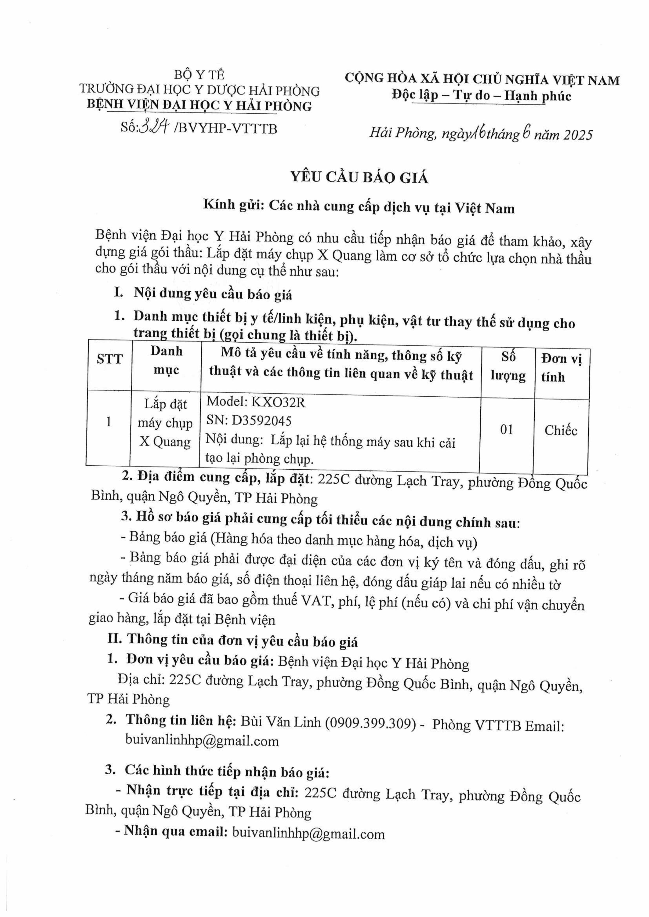 Công văn chào giá lắp đặt máy chụp X Quang