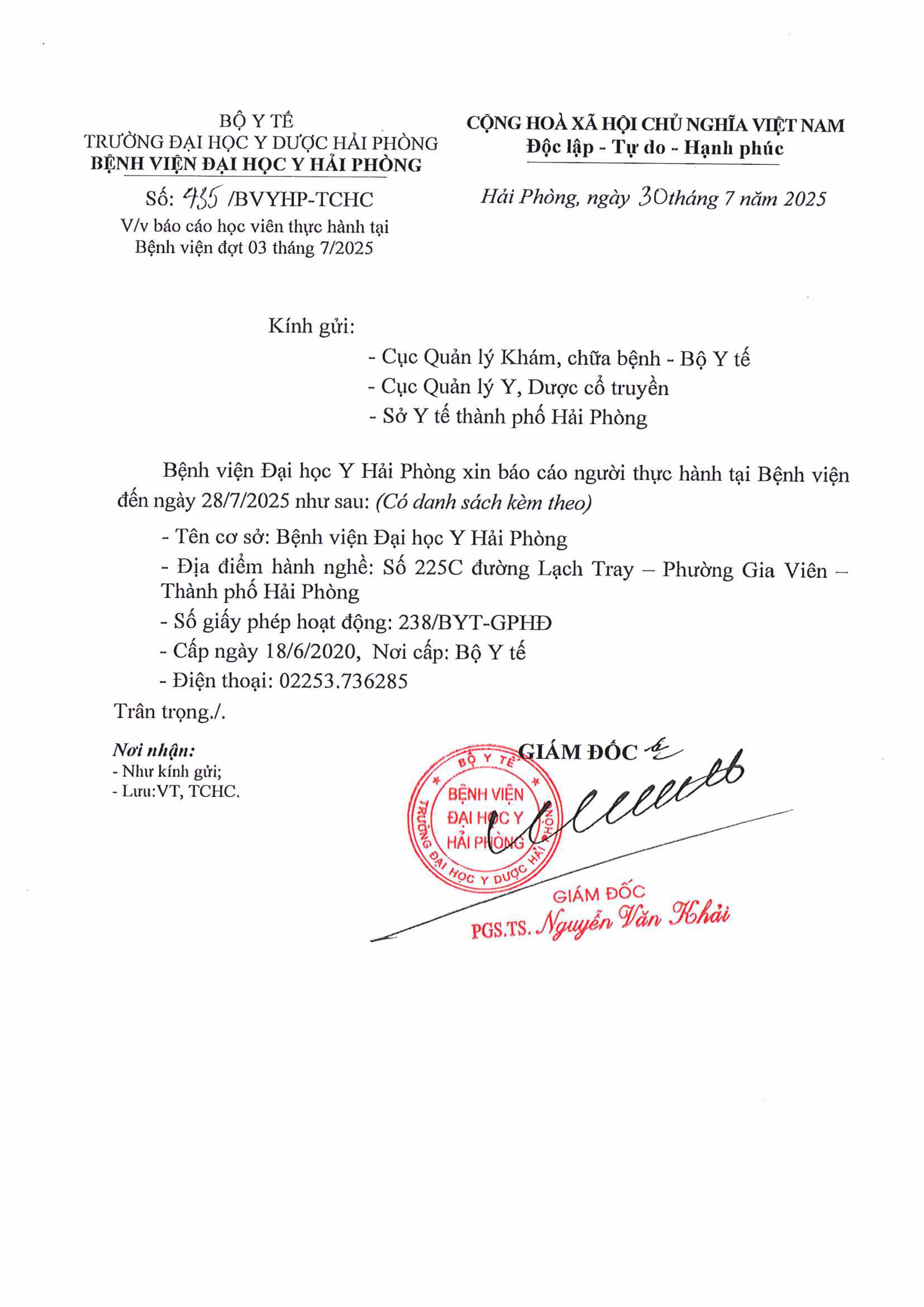 Báo cáo học viên thực hành tại bệnh viện đại học Y Hải Phòng đợt 3 tháng 7.2025