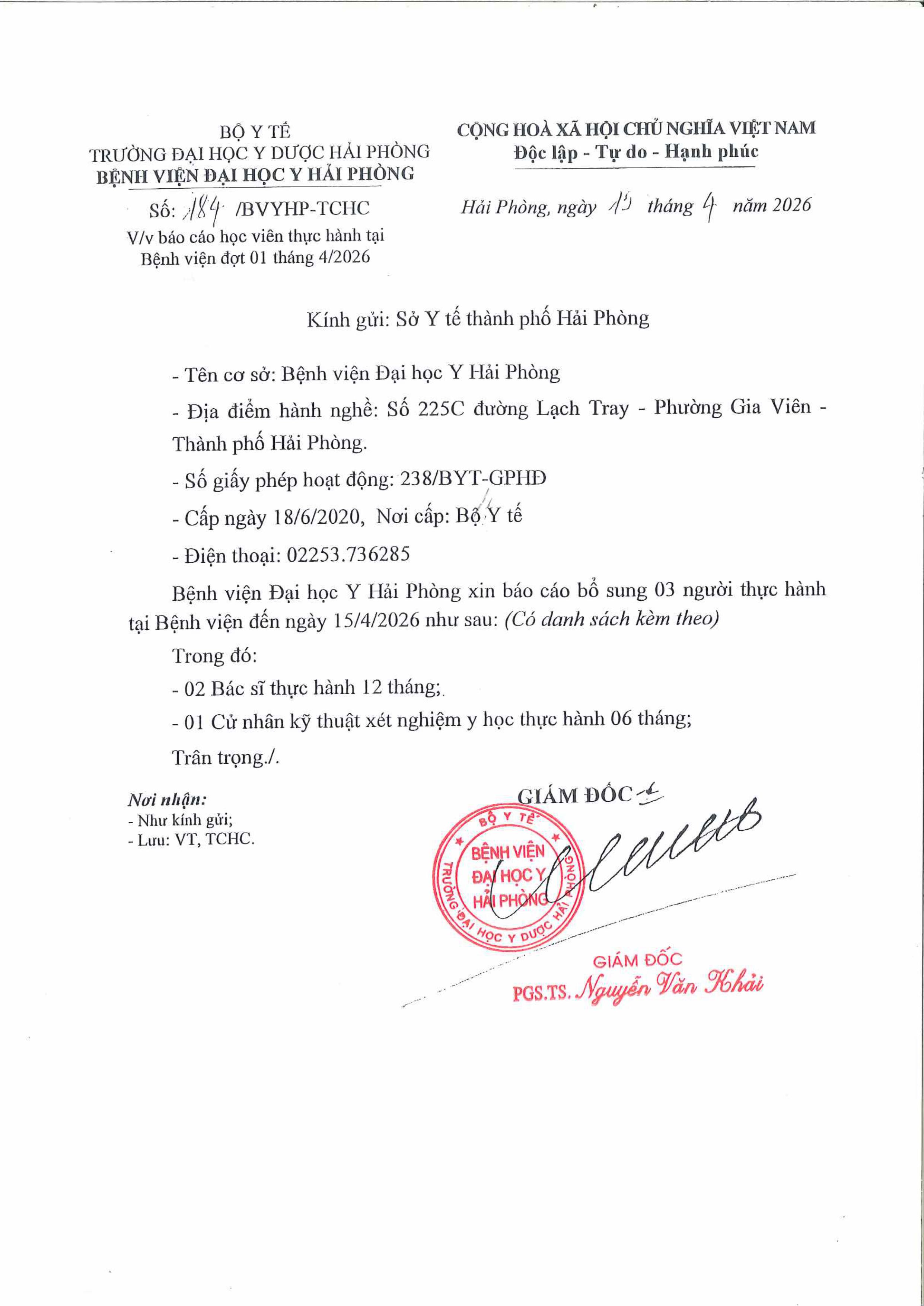 Báo cáo học viên thực hành tại Bệnh Viện Đại Học Y Hải Phòng đợt 1 tháng 4.2026