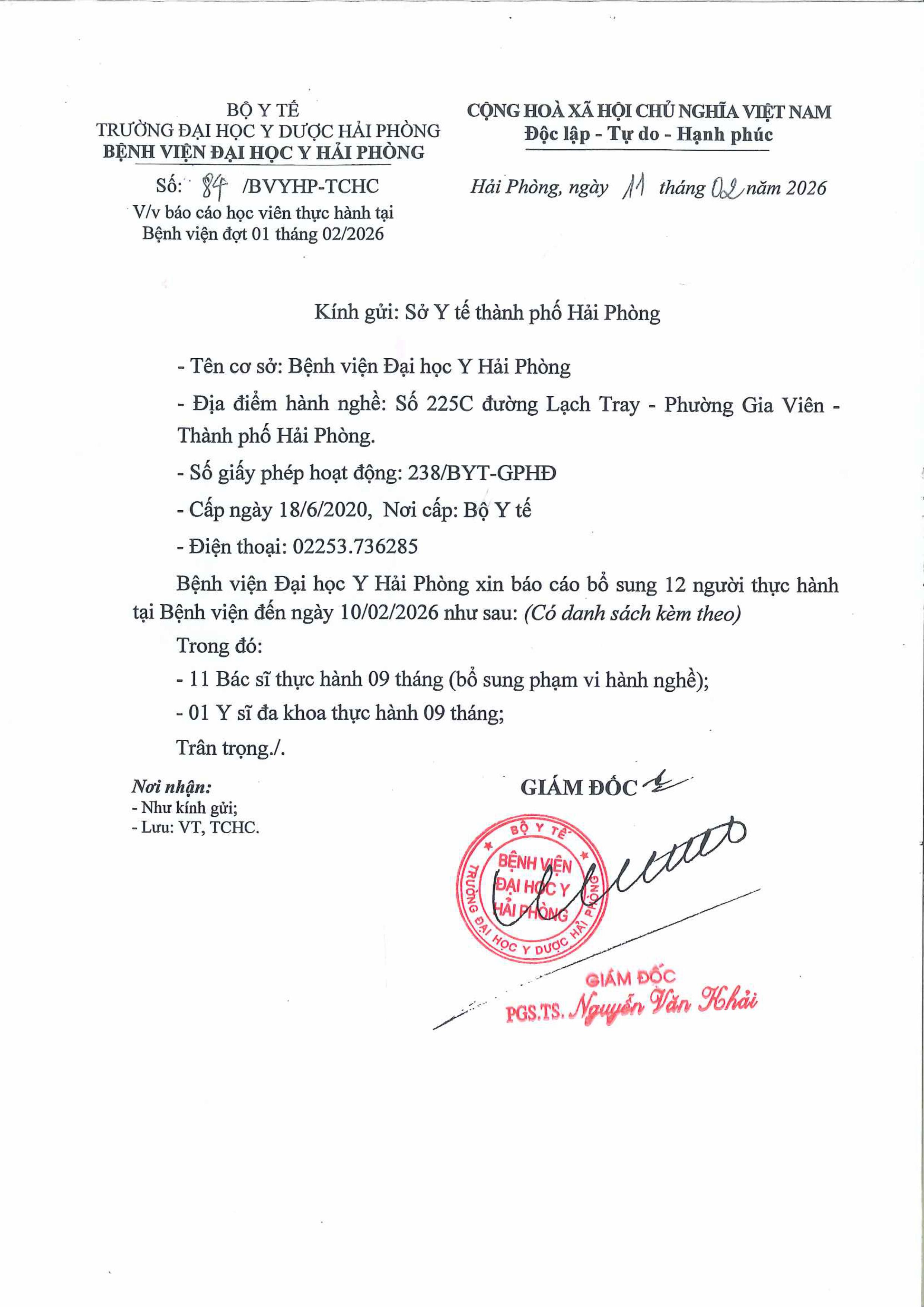 Báo cáo học viên thực hành tại Bệnh Viện Đại Học Y Hải Phòng đợt 01 tháng 2/2026