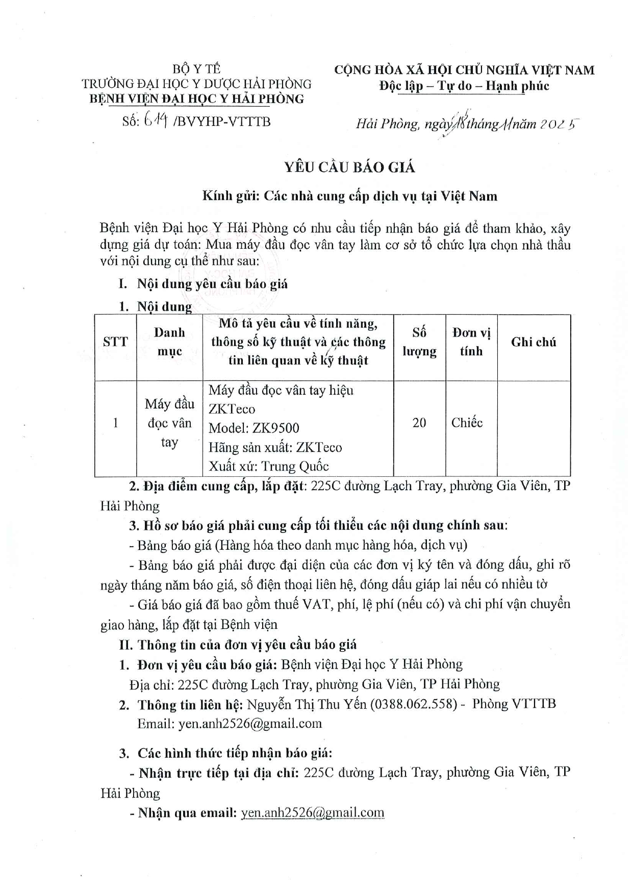 Thư mời báo giá đầu đọc vân tay