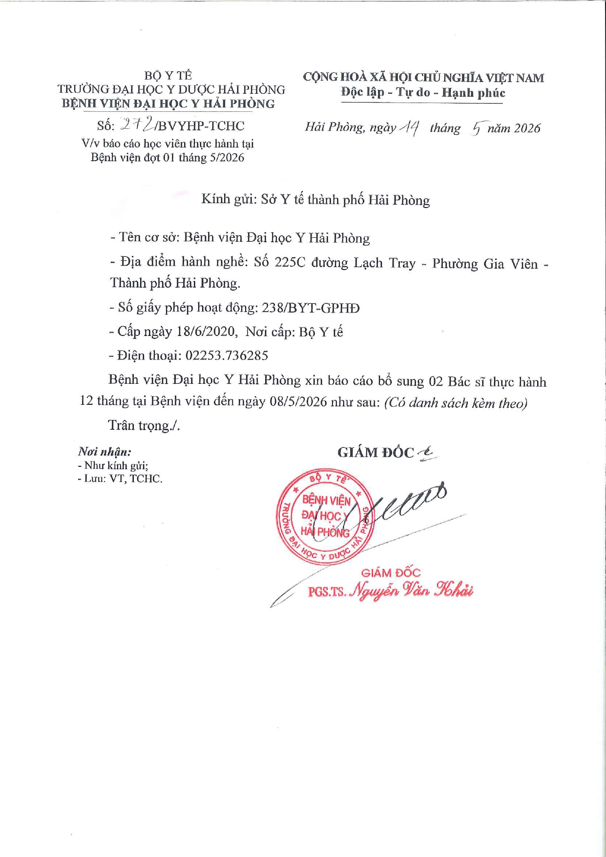 Báo cáo học viên thực hành tại BVĐHYHP đợt 01 T5.2026