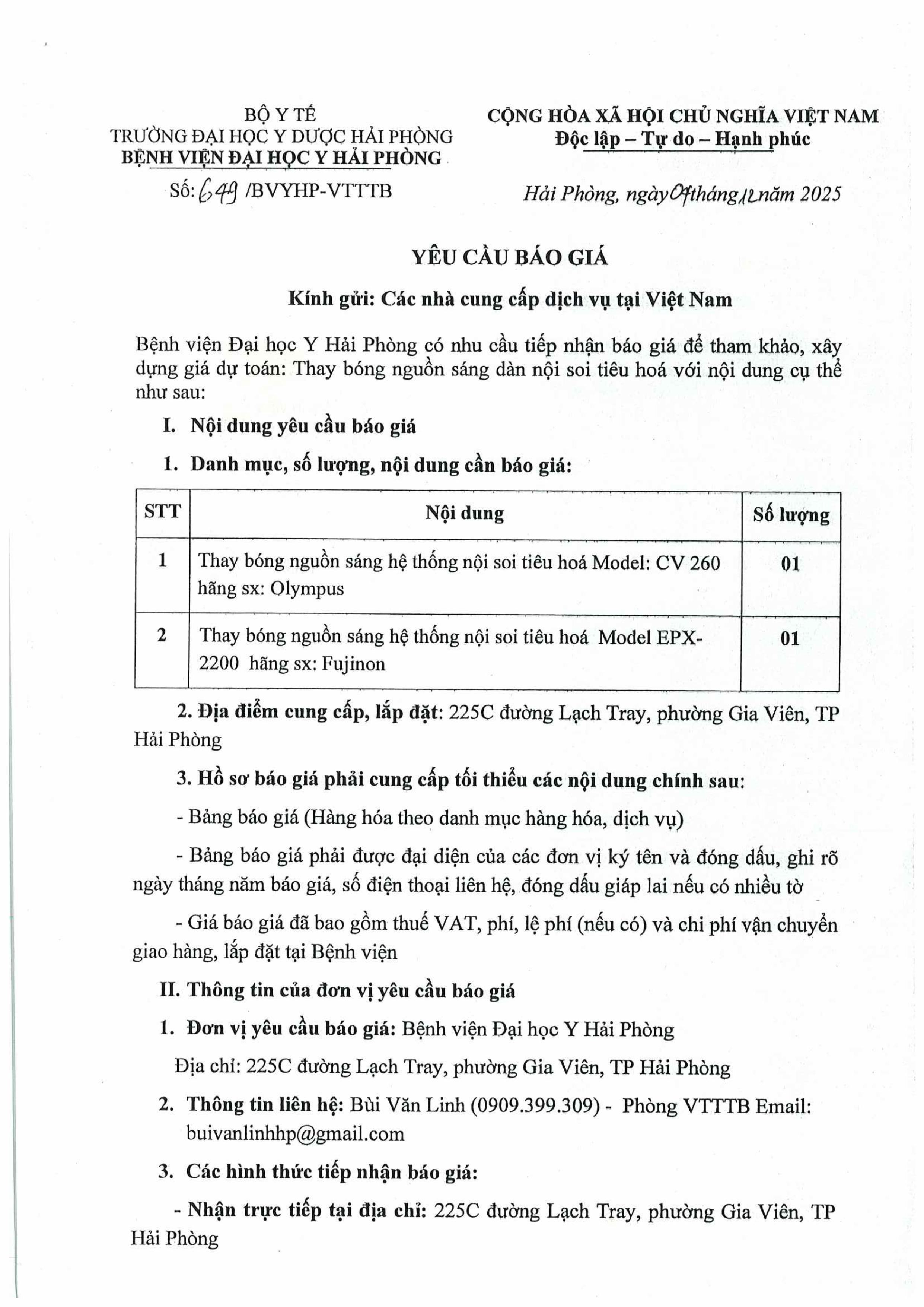 Yêu cầu báo giá thay nguồn sáng dàn nội soi tiêu hoá