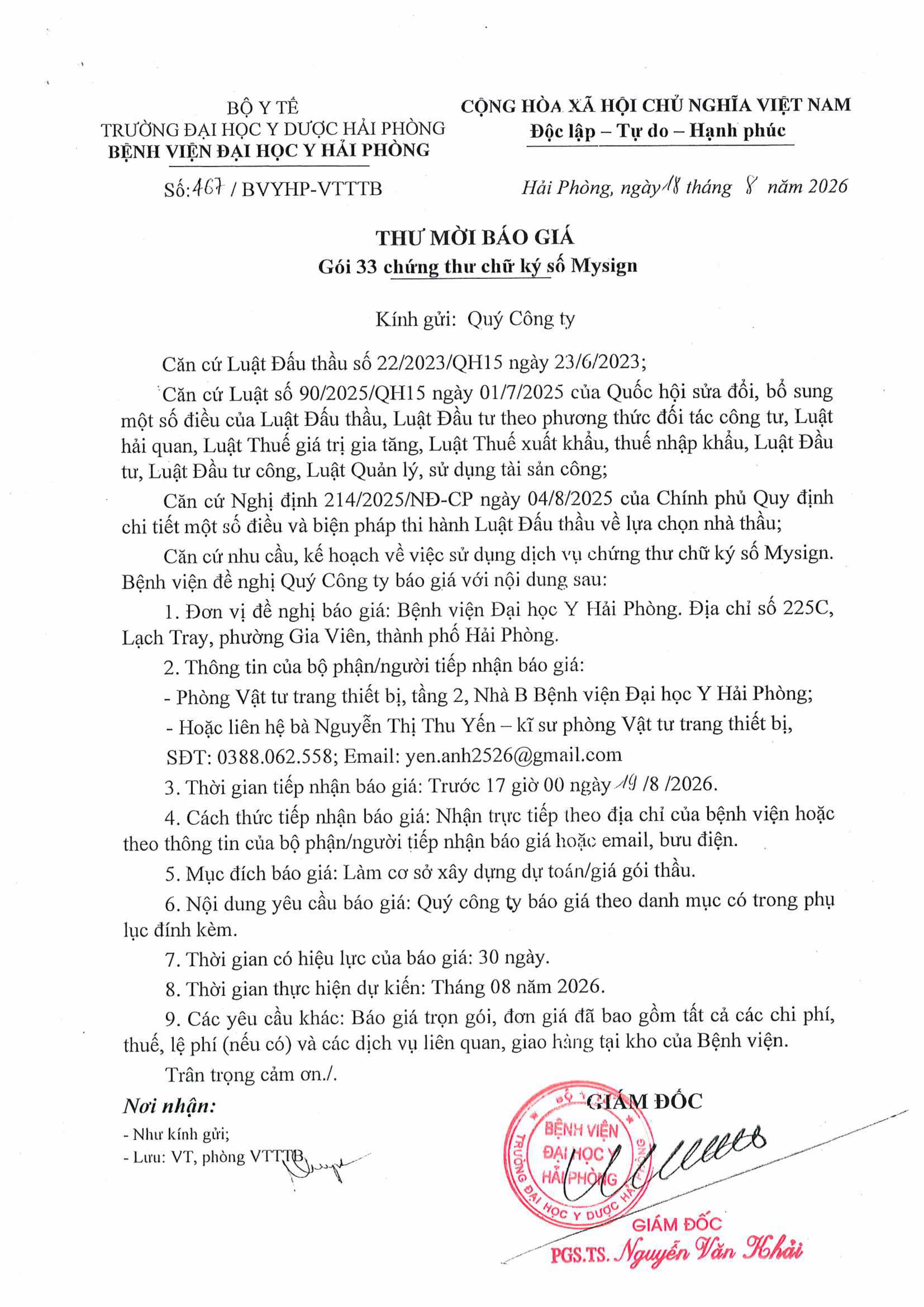 Thư mời báo giá gói 33 chứng thư số