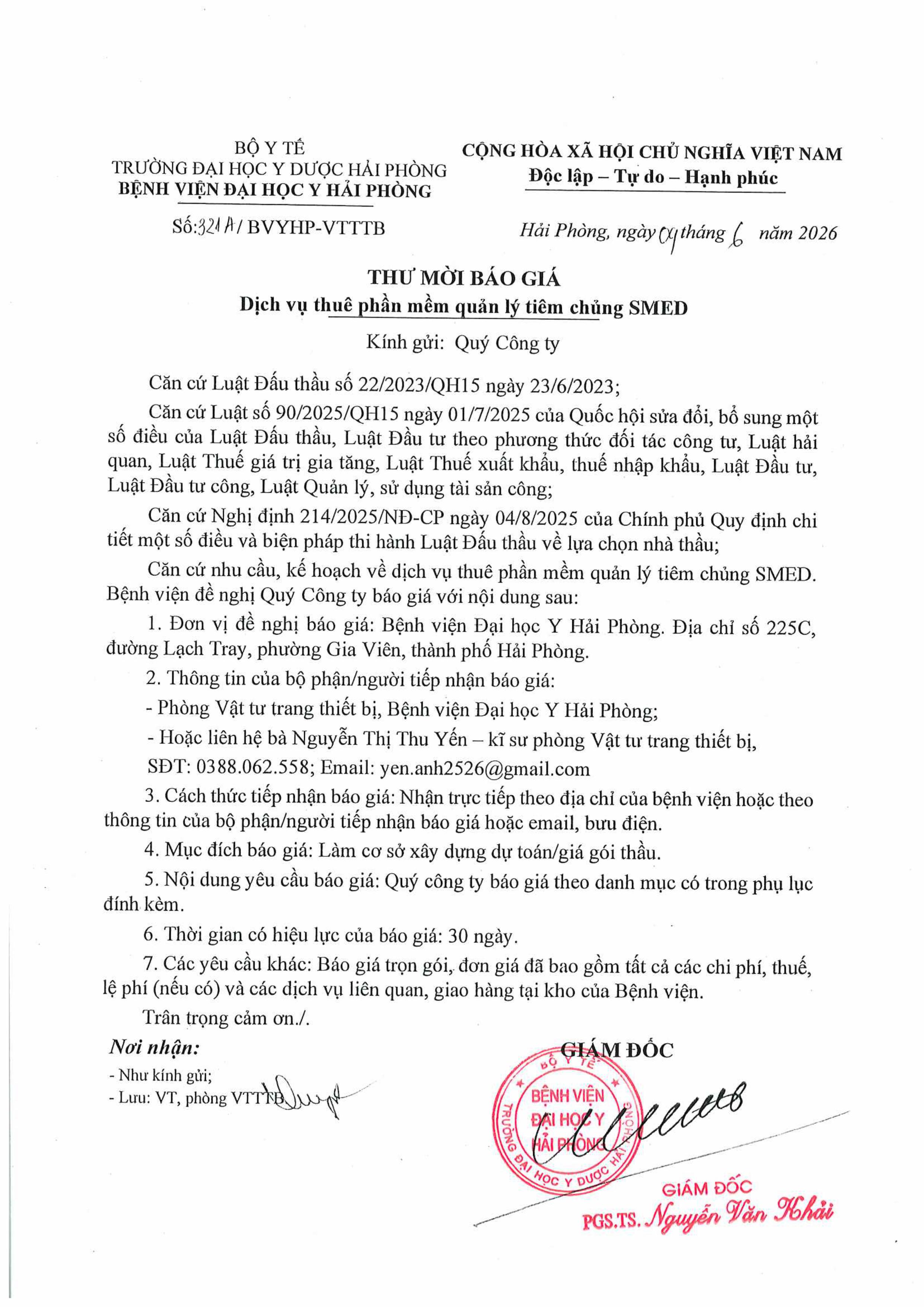 Thư mời báo giá thuê phần mềm quản lý tiêm chủng SMED